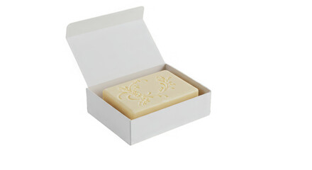 Embossed soap rests in open box
