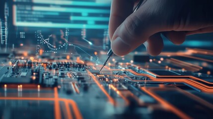 Naklejka premium Handholding Pen on Circuit Board with Glowing Lines and Digital Elements