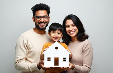 Happy Indian family holds dream house model. Father mother son smile. Conceptual image represents buying new home. Indian parents with child demonstrate family happiness, real estate concept.