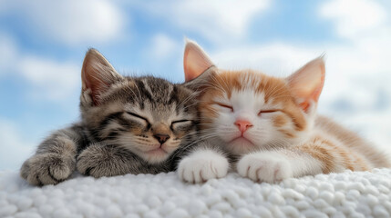 Naklejka premium Two kittens resting together under soft sky