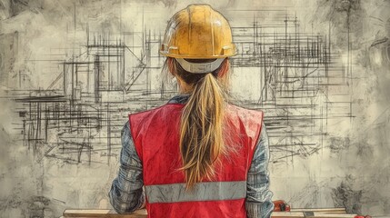 Woman construction worker contemplating building plans.