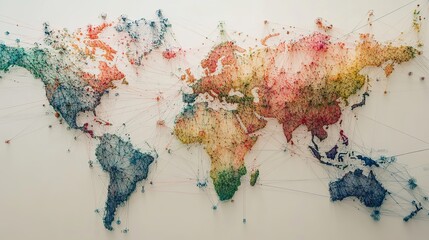 Colorful world map string art global network connections illustration wire yarn lines globe earth