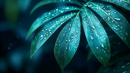 Obraz premium Closeup of Teal Tropical Leaves with Water Droplets