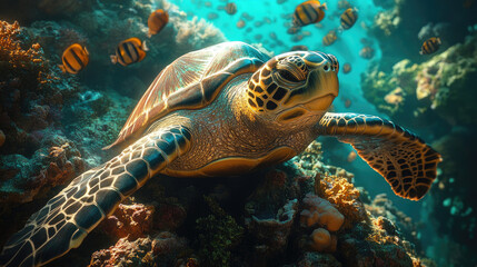 Obraz premium Sea turtle underwater in coral reef