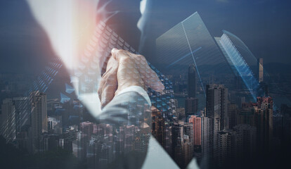 Business, finance and investment background. Business handshake, businessman shaking hand double...