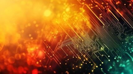 Fototapeta premium Abstract technology background with orange and green circuit board design data lines vivid style