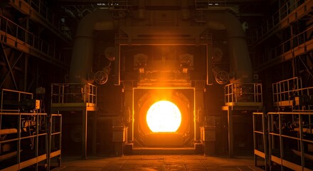 Bright glowing orb within industrial furnace chamber industrial furnace interior architectural design industrial technology illustration high temperature interior photography