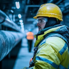 Focused worker in protective gear inspects industrial pipes.