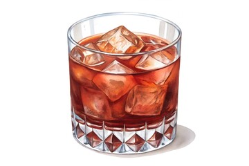 Negroni Cocktail: An illustrated close-up of a Negroni cocktail, showcasing the rich, dark red color of the drink, with ice cubes in a rocks glass.