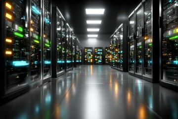 Fototapeta premium Server Room with Illuminated Racks and HighTech Equipment in a Modern Data Center