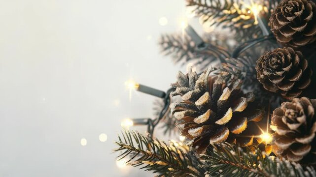 Pinecones covered in faux snow are nestled among coniferous branches adorned with string lights, creating a festive holiday scene, on a light airy background. The image sparkles with soft bokeh.