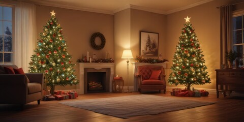 Ornamented Christmas tree glows in warm living room ,  happy,  fire