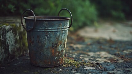 Rustic, weathered metal bucket on a stone surface.
