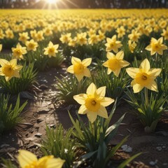 Fototapeta premium Glistening daffodil petals, sun-kissed, in a vast field , macro, photography