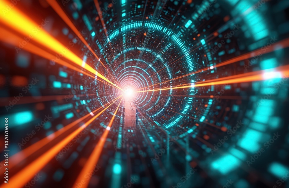 Aufkleber Futuristic digital tunnel with bright light at the end. Abstract tech design with glowing data streams. Cyber network communication system. Modern cyberspace technology illustration.