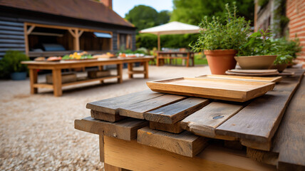 Outdoor BBQ area, large farmhouse garden BBQ, wooden tables stacked with fresh food