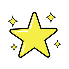 Star, Sparkle, Shiny bright glowing yellow cartoon star icon positive highlight achievement success favorite highlight rating symbol cute aesthetic minimal clean vector joyful radiant illustration  