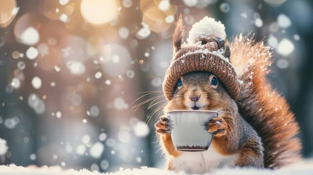 A charming image features a squirrel wearing a knit hat, nestled in the snow while holding a mug. The bokeh effect creates a whimsical winter scene perfect for the holidays.