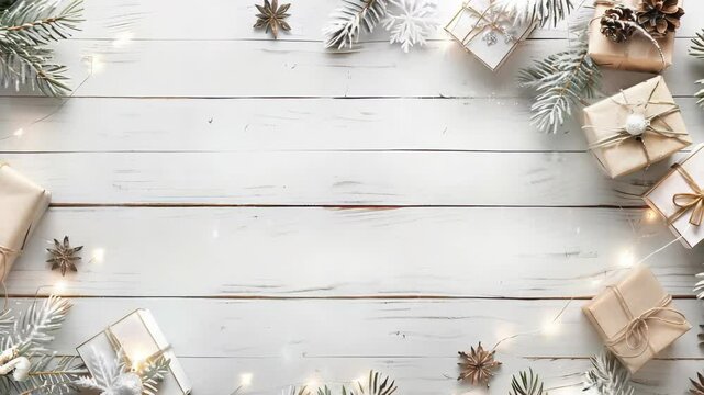 A festive winter scene on white wooden boards. Presents wrapped with brown paper are decorated with string and adornments, accented by snow-covered fir branches and snowflakes.