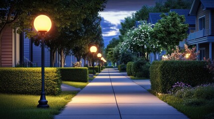 Fototapeta premium Twilight Suburban Street, Walkway, Houses, Landscaping, Peaceful Evening