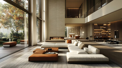 Modern Open Plan Living Room with Fireplace and Large Windows