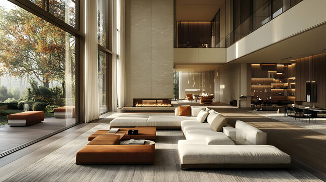 Modern Open Plan Living Room with Fireplace and Large Windows