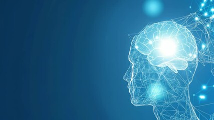 Against a cool blue background, a luminous brain within a wireframe head represents thought, connections, and modern technology. Highlighted neural network activity suggests complex processing. - Powered by Adobe