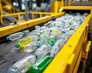 Plastic Bottles on Conveyor Belt in Recycling Plant