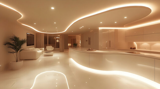 Modern White Apartment Interior with Curved LED Lighting and Sleek Furniture