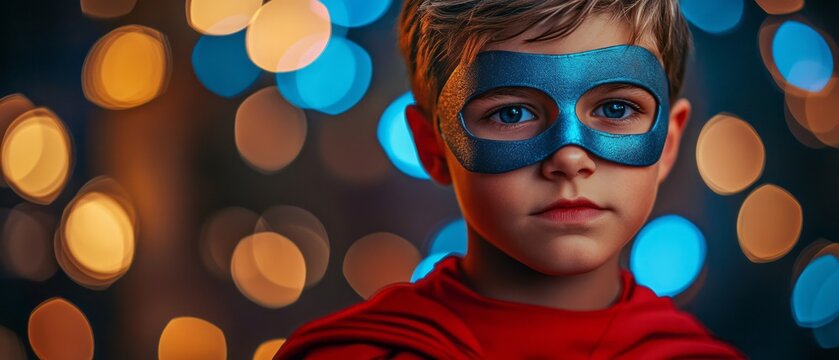 Young child in superhero costume against blurred lights. - Powered by Adobe