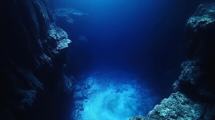 Obraz premium Deep underwater cavern's vibrant blue expanse.