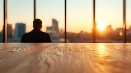 Obraz na płótnie Canvas Businessman Silhouetted Against Sunset Cityscape Viewed From Modern Office Desk