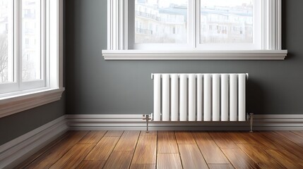 White Radiator in Room with Gray Walls and Wood Floor