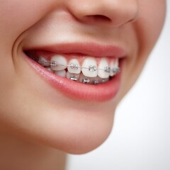 Obraz premium Close-up of a smiling woman with braces.