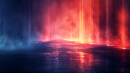 Misty neon-lit chamber with cascading red and blue lightfalls. Evokes a surreal blend of technology and elemental force in a futuristic space.