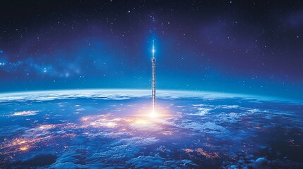 Space elevator stretching the surface of a glowing planet into the stars cinematic cosmic construction marvel