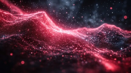 Fototapeta premium Abstract Red Cosmic Landscape: A Glimmering Galaxy of Stardust and Celestial Mountains