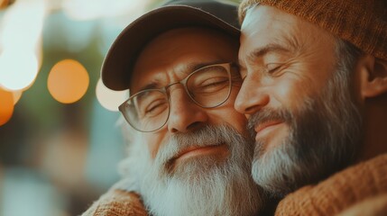 Two elderly men embracing warmly in close proximity.