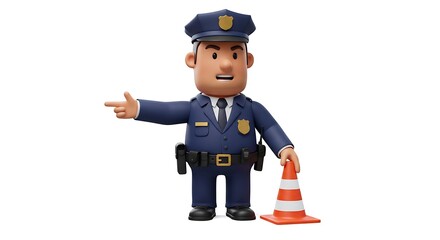 Fototapeta premium Cartoon officer directs traffic holding safety cone 3 d render isolated