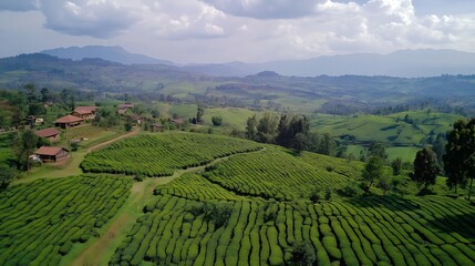 Fototapeta premium Aerial view of a lush tea plantation nestled in a mountainous valley.