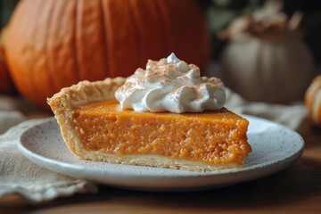 Close-up of a slice of pumpkin pie topped with whipped cream and sprinkled with cinnamon on a white plate with pumpkins in the blurred background