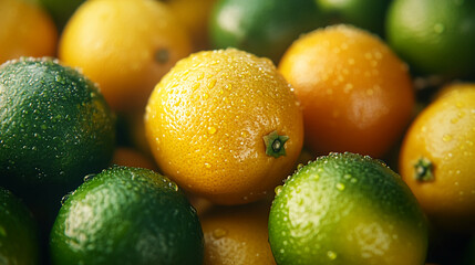 A close up shot of a pile of lemons and limes covered in water droplets creating a fresh look image