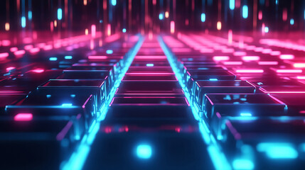 Abstract neon cyber landscape with glowing cubes and vertical light streaks in pink and blue tones