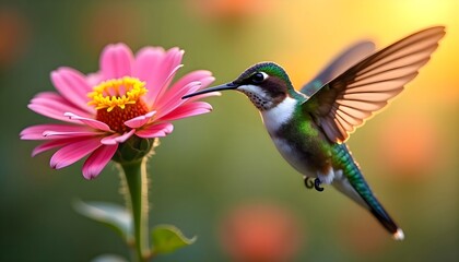 Fototapeta premium Hummingbird flying mid-air near a bright pink flower while feeding on its nectar outdoors