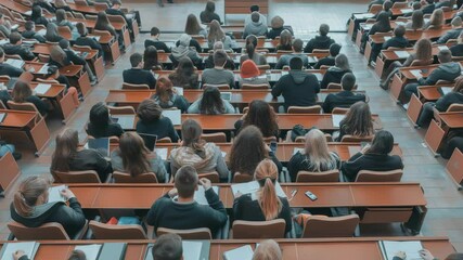 View of students sitting in rows of desks in a large lecture hall during class. The majority of the class is focused on the instructor, taking notes either in notebooks or on laptops. - Powered by Adobe