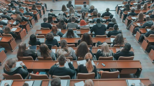 View of students sitting in rows of desks in a large lecture hall during class. The majority of the class is focused on the instructor, taking notes either in notebooks or on laptops.