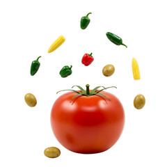 Tomato Exploding with Veggies and Herbs in Mid-Air