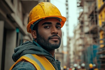 Focused construction worker in urban setting.