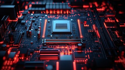 Fototapeta premium Close-up of a Modern Computer Motherboard with Glowing Red LEDs Highlighting the Central Processing Unit (CPU) and Circuitry,