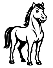 Obraz premium A horse is standing in a white background. The horse is smiling and has a happy expression. The horse is the main focus of the image and is the only object in the scene